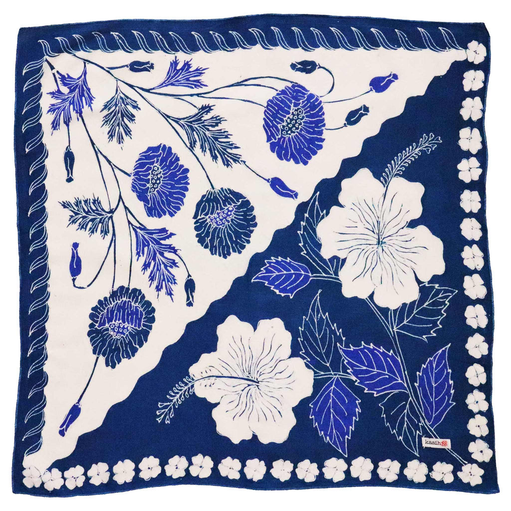 Full Hand Drawn Batik Tulis Bandana Authentic, 21", 100% Soft Cotton, Hibiscus Poppy Flowers , Pagi Sore