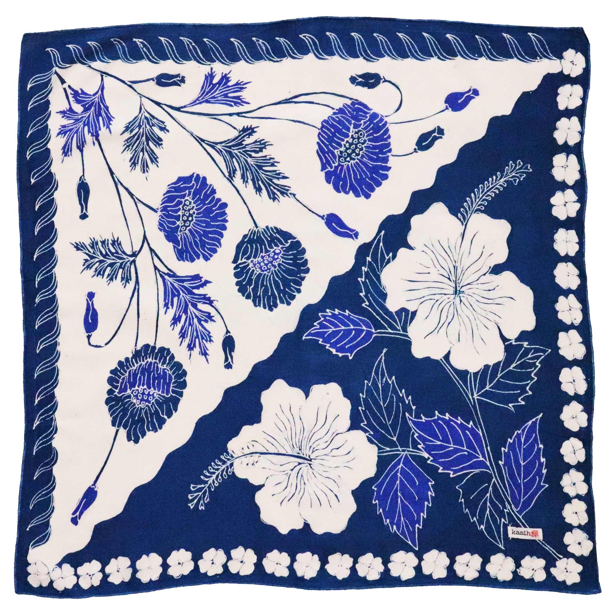 Full Hand Drawn Batik Tulis Bandana Authentic, 21", 100% Soft Cotton, Hibiscus Poppy Flowers , Pagi Sore