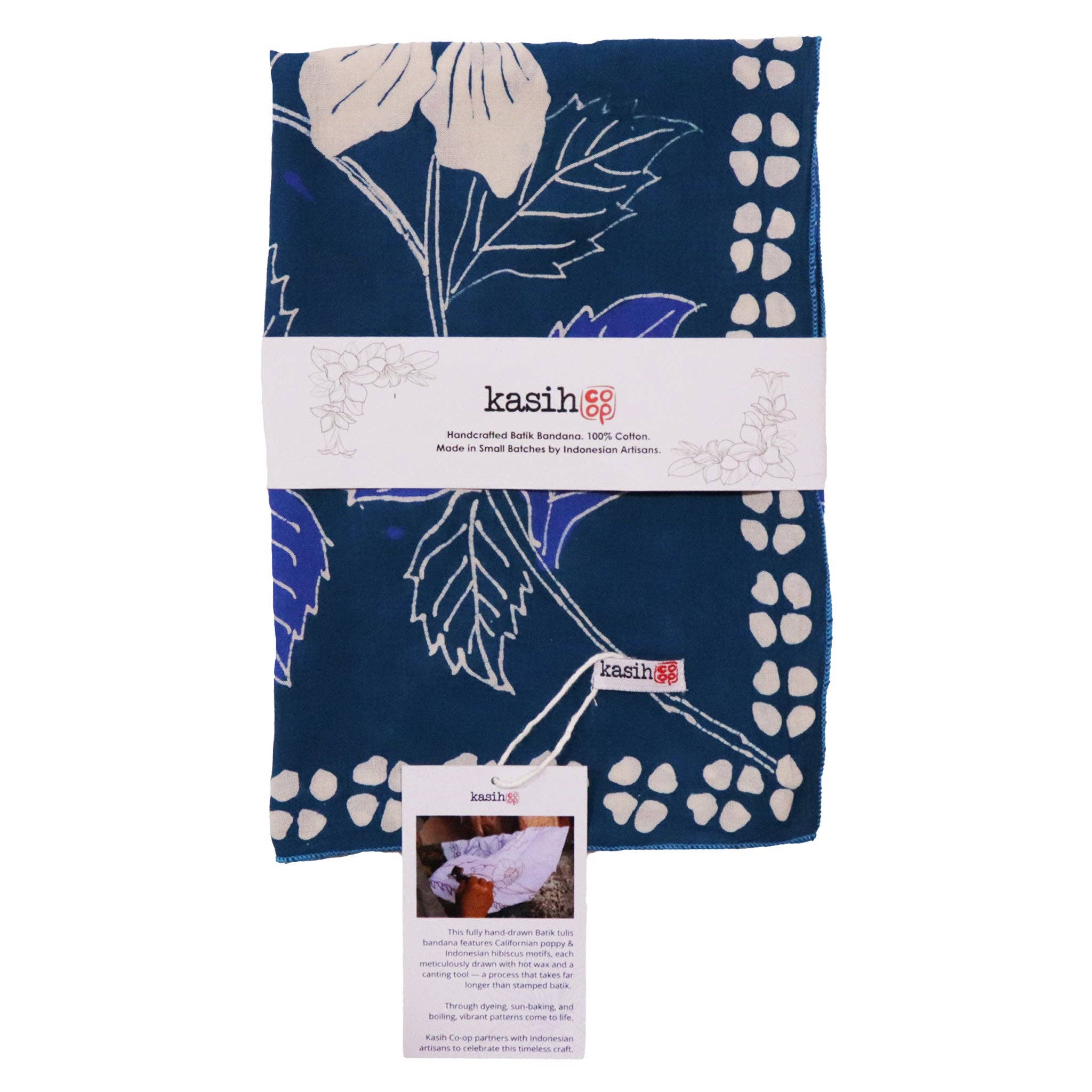 Full Hand Drawn Batik Tulis Bandana Authentic, 21", 100% Soft Cotton, Hibiscus Poppy Flowers , Pagi Sore