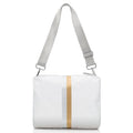 Hi,Love Crossbody Purse White Shimmer with Gold and Silver Stripes