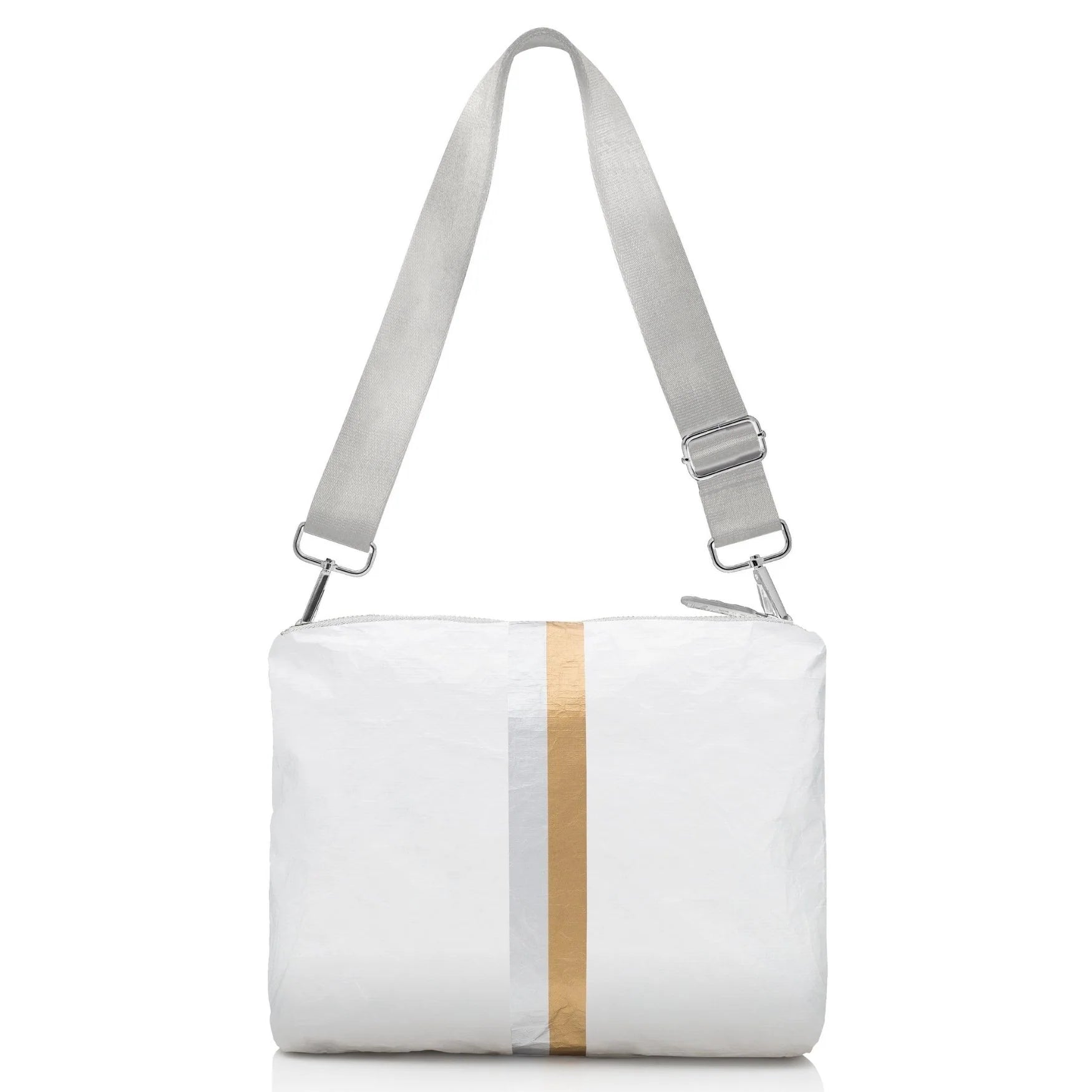 Hi,Love Crossbody Purse White Shimmer with Gold and Silver Stripes