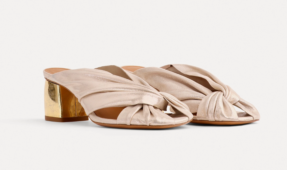forte_forte Golden Heel Laminated Leather Crossover Sandal