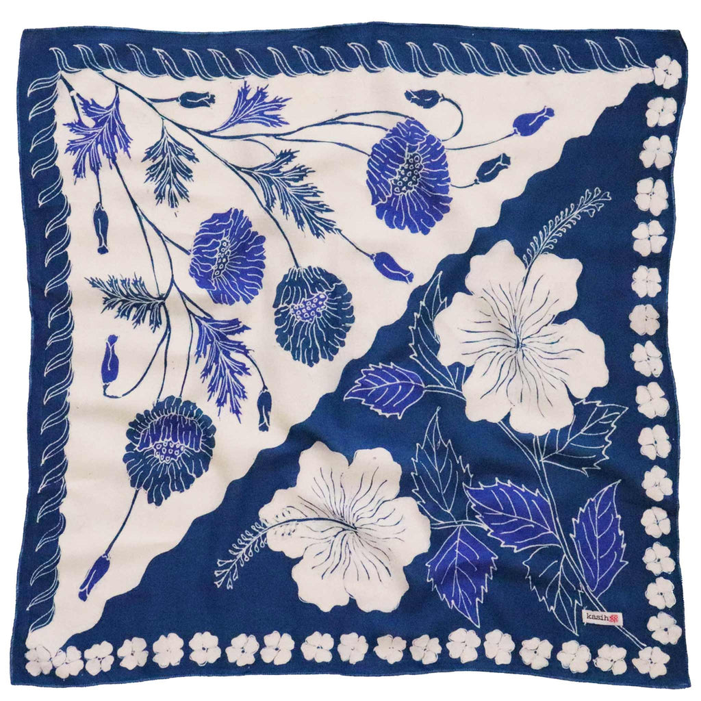 Full Hand Drawn Batik Tulis Bandana Authentic, 21", 100% Soft Cotton, Hibiscus Poppy Flowers , Pagi Sore