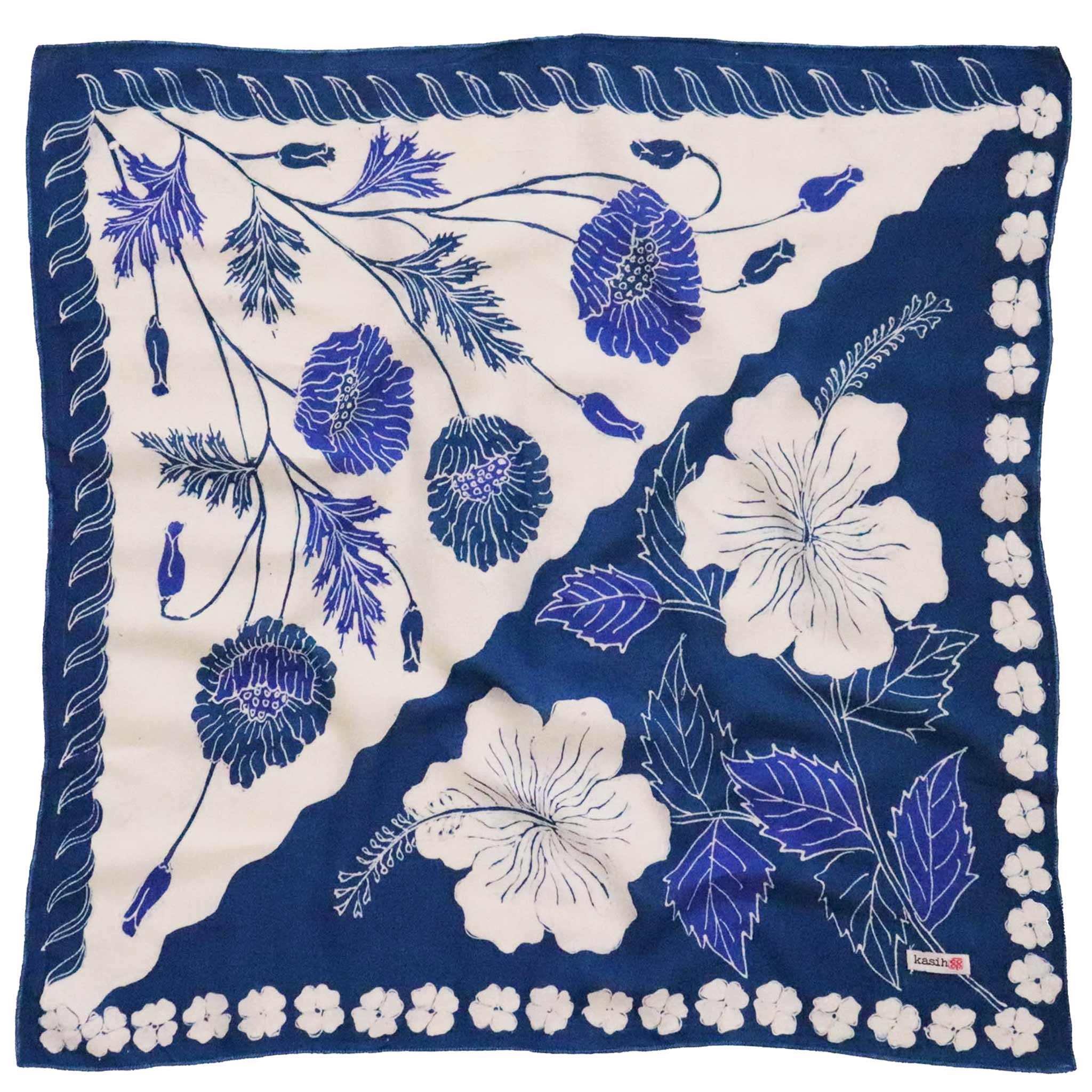 Full Hand Drawn Batik Tulis Bandana Authentic, 21", 100% Soft Cotton, Hibiscus Poppy Flowers , Pagi Sore